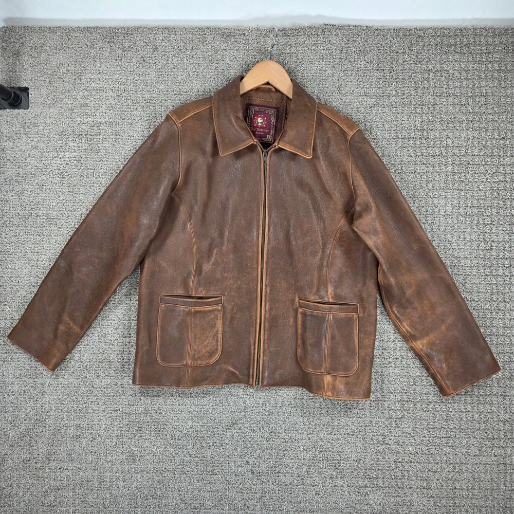 The Territory Ahead Mens Brown Distressed Leather Full Zip Bomber Jacket Large